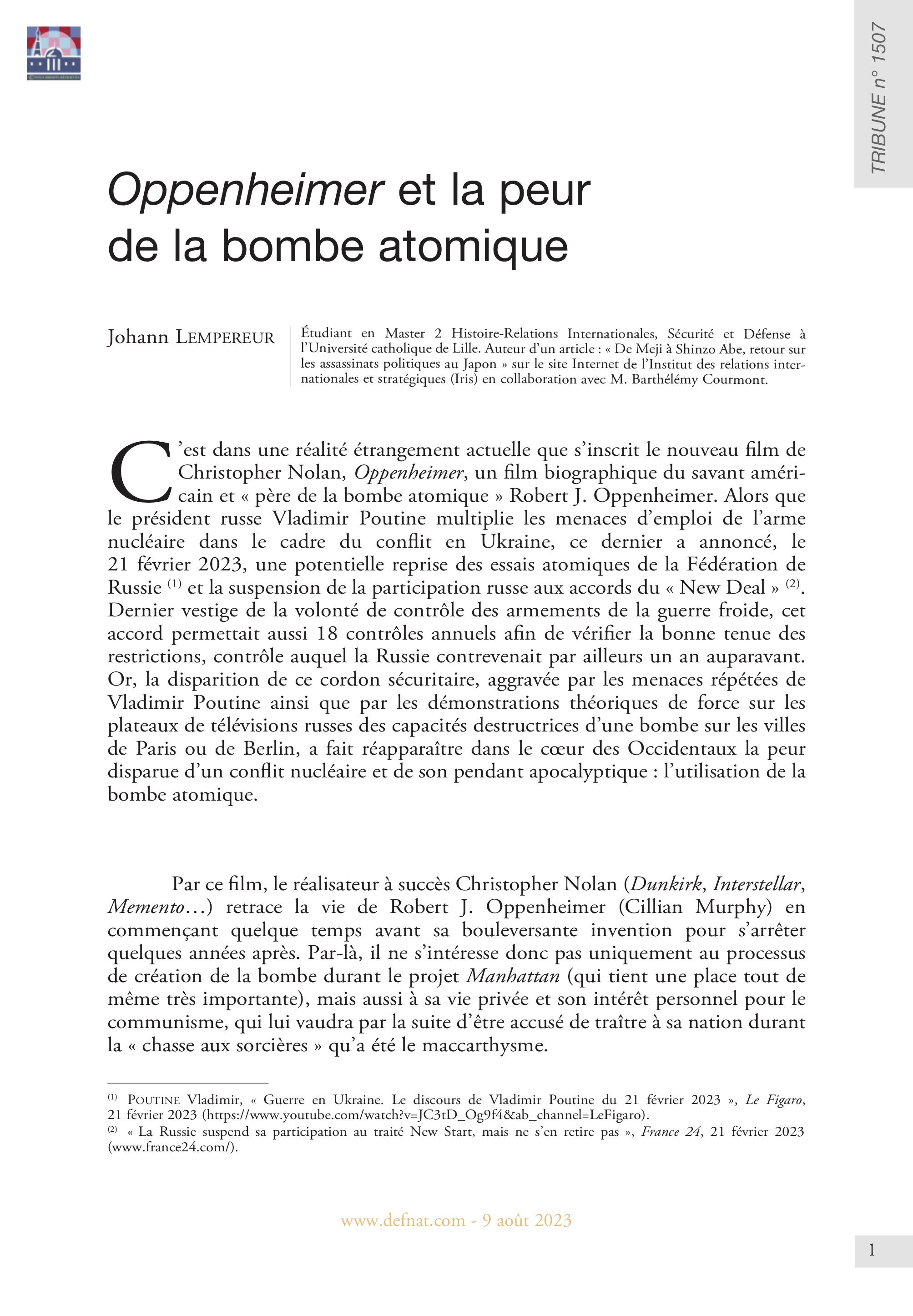 Cinéma & Séries - Oppenheimer et la peur de la bombe atomique (T 1507)
